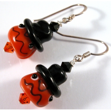 Pumpkin Face Earrings - black hat orange glass sterling silver artisan srajd cserpentDesigns halloween