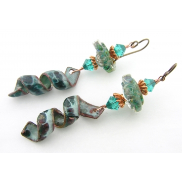 Teal Waters Earrings - handmade, teal artisan lampwork, raku enamel copper, dangle, wire wrapped, spiral, srajd cserpentDesigns