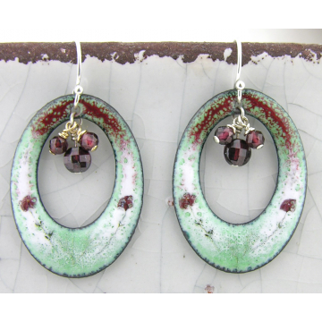 Cranberries and Roses Earrings - handmade artisan copper red mint green enamel garnet srajd cserpentDesigns