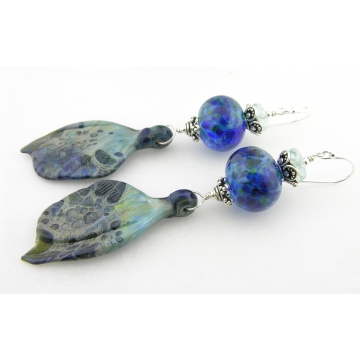 Sea Wings Earrings - handmade artisan lampwork wing sterling silver dark blue dangle srajd cserpentDesigns