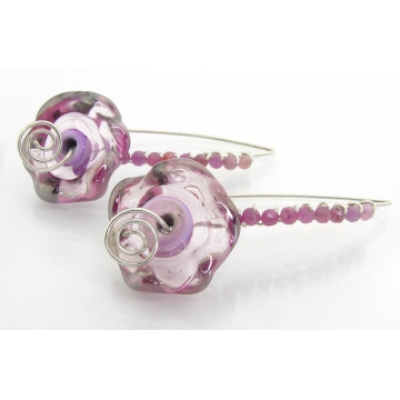 Rubies and Ruffles Earrings -  handmade forged ruby gemstone ruffle lampwork pink sterling silver artisan srajd cserpentDesigns