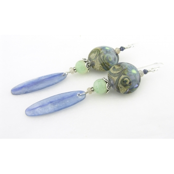 Grow Earrings - handmade artisan lampwork sterling silver blue kyanite green serpentine gemstone dangle srajd cserpentDesigns
