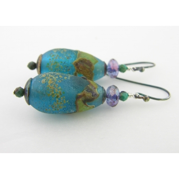 Aged Aqua Earrings - artisan lampwork sterling silver purple chrysocolla brown short drop srajd cserpentDesigns