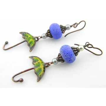 Singing In The Rain Umbrella Earrings - handmade artisan lampwork umbrella blue yellow green enamel sterling silver dangle srajd cserpentDesigns