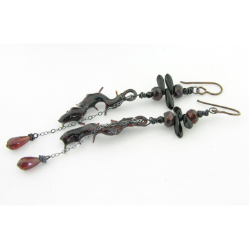 Barbed Vine Earrings - handmade enamel spikes copper red garnet gemstone black goth srajd cserpentDesigns