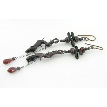Barbed Vine Earrings - handmade enamel spikes copper red garnet gemstone black goth srajd cserpentDesigns Barbed Vine Earrings - handmade enamel spikes copper red garnet gemstone black goth srajd cserpentDesigns