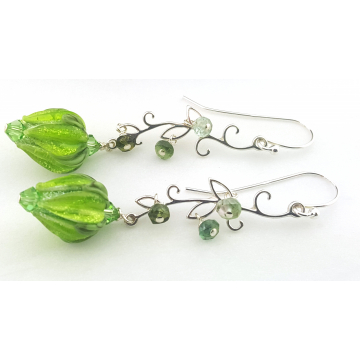 Green Goddess Earrings - handmade bright green roses, tourmaline, sterling silver vines srajd cserpentDesigns