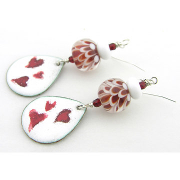 Hearts and Dahlias Earrings - handmade artisan red and white enamel on copper dahlia lampwork  srajd cserpentDesigns