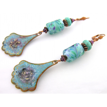 Gingko Drops Earrings - handmade artisan organic turquoise purple enamel on copper lampwork Arizona turquoise srajd cserpentDesigns