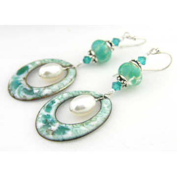 Beachy Hoops Earrings - handmade artisan copper teal aqua white enamel artisan lampwork pearl srajd cserpentDesigns