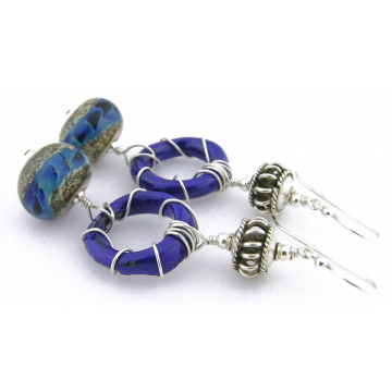 Blue Ribbon Earrings - handmade artisan lampwork blue enamel rings sterling silver dangle srajd cserpentDesigns