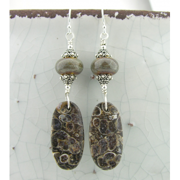 Ancient Snails Earrings- turritella agate brown lampwork sterling