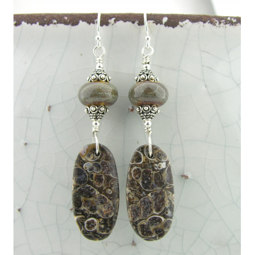 Ancient Snails Earrings- turritella agate brown lampwork sterling Ancient Snails Earrings- turritella agate brown lampwork sterling