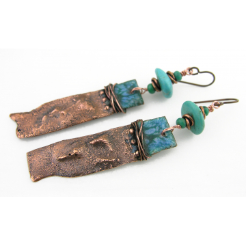 All Wrapped Up In Turquoise Earrings - handmade artisan organic reticulated copper, turquoise, rustic srajd