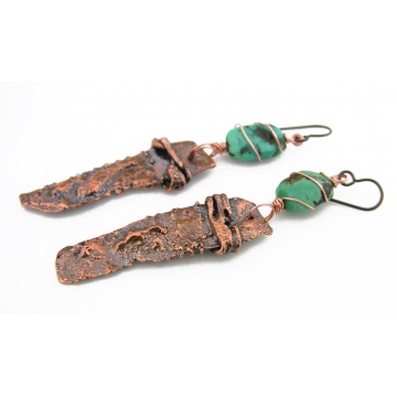 Rustic Sticks and Turquoise Earrings - handmade artisan organic reticulated copper, turquoise, rustic srajd