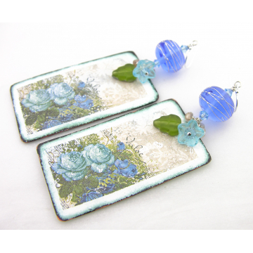 Blue Roses Earrings - handmade artisan vintage blue roses enamel on copper green leaves lampwork srajd
