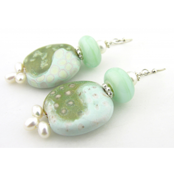 Frothy Waters Earrings - handmade artisan lampwork kazuri ceramic freshwater pearl ivory light green srajd cserpentDesigns