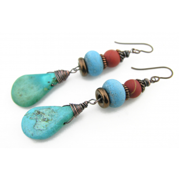 Beachy Turquoise Earrings - handmade turquoise drop artisan lampwork red poppy jasper copper dangle srajd cserpentDesigns