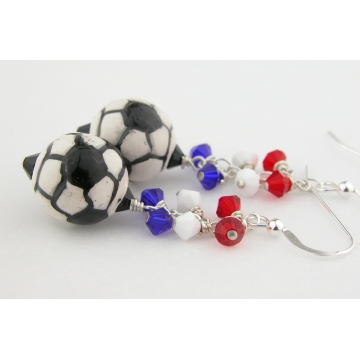 Red White Blue Soccer Earrings - handmade artisan sterling silver dangle soccer ball futbal calcio football usa france crystal july4 black srajd cserpentDesigns