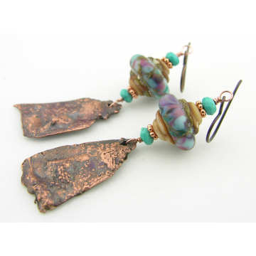 Faces Earrings - handmade artisan organic reticulated copper, lampwork, purple, turquoise, rustic srajd