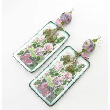 Pink Butterflies and Roses Earrings - handmade artisan vintage pink roses butterflies enamel on copper green petals lampwork srajd