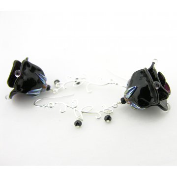 Goth Roses Earrings - handmade black glass roses, black spinel, sterling silver vines srajd cserpentDesigns