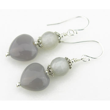 Love In Gray Earrings - handmade artisan chalcedony heart grey quartz sterling silver srajd