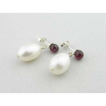 Garnet and Pearl Post Earrings - red garnet gemstone white pearls post sterling silver handmade artisan srajd