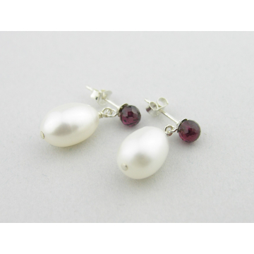 Garnet and Pearl Post Earrings - red garnet gemstone white pearls post sterling silver handmade artisan srajd Garnet and Pearl Post Earrings - red garnet gemstone white pearls post sterling silver handmade artisan srajd