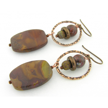 Ode To Autumn Earrings - handmade artisan gemstones jasper pietersite brown beige green fall copper dangle wire wrapped cserpentDesigns srajd