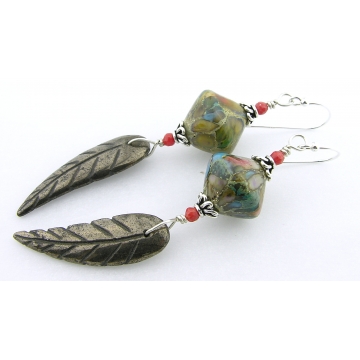 Golden Leaf Earrings - turquoise green brown handmade artisan lampwork gold pyrite gemstone red coral drop sterling silver srajd cserpentDesigns