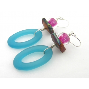 Happy Raku Earrings - turquoise pink blue aqua copper handmade artisan lampwork glass oval raku porcelain drop sterling silver srajd cserpentDesigns