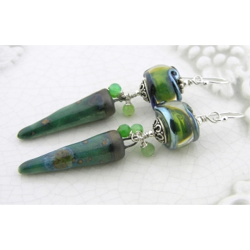Dreamy Earrings - handmade dark green ceramic spike with chrysoprase gemstone artisan lampwork srajd cserpentDesigns