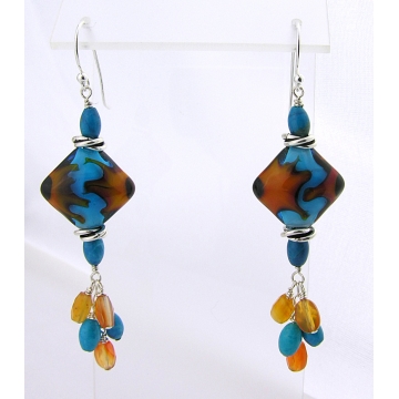 Flaming Turquoise Earrings - handmade artisan lampwork blue black turquoise carnelian gemstone sterling silver dangle flame srajd cserpentDesigns