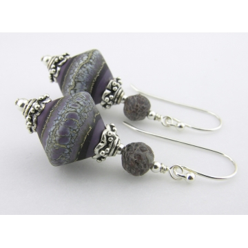 Ancient Purple Earrings - handmade artisan lampwork sterling silver purple white grey dinosaur bone srajd cserpentDesigns