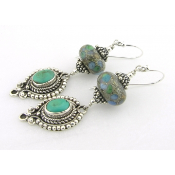 Turquoise Waters Earrings - handmade, turquoise gemstone, artisan lampwork, sterling silver, dangle, wire wrapped, dots, beach, sand, srajd cserpentDesigns