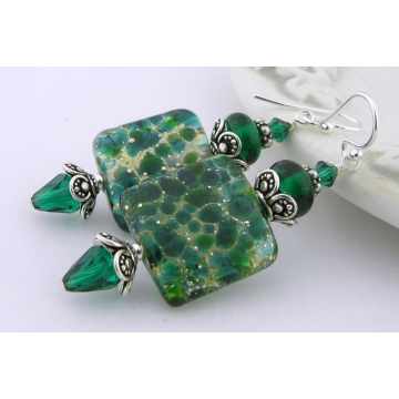 Green With Envy Earrings - artisan lampwork glass sterling silver dark green square drop Swarovski crystal srajd cserpentDesigns