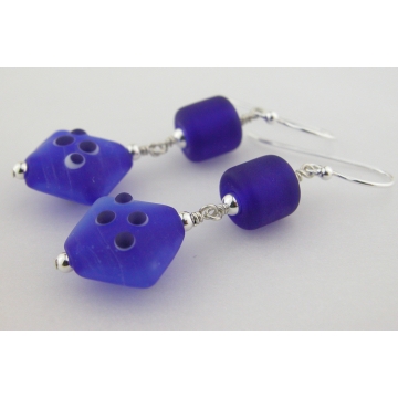 Blue For You Earrings - handmade artisan lampwork sterling silver dark blue barrel diamond shape spots white matte frosted dangle srajd cserpentDesigns Blue For You Earrings - handmade artisan lampwork sterling silver dark blue barrel diamond shape spots white matte frosted dangle srajd cserpentDesigns
