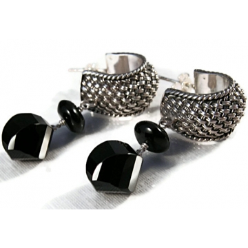 Big Twisted Drops Earrings - black onyx agate dangle drop sterling silver basket weave handmade artisan srajd cserpentDesigns