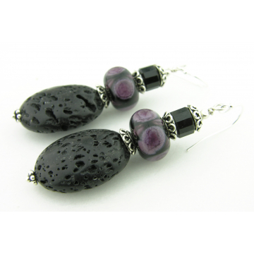 Lava and Spots Earrings - handmade purple black artisan lampwork lava tourmaline sterling silver