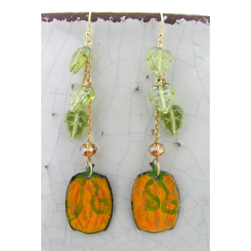 Pumpkin Patch Earrings - orange green pumpkin enamel gold fill brass artisan srajd halloween autumn
