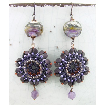 Dark Velvet Flowers Earrings - purple and copper bead weave flower super 7 gemstone artisan lampwork