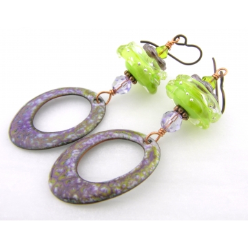 Lime and Purple Earrings - handmade artisan copper lime green purple enamel lampwork glass lavendar Swarovski crystals copper srajd cserpentDesigns