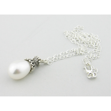 White Lattice Pearl Drop Necklace - white freshwater solitaire pearl dangle drop sterling silver handmade artisan srajd