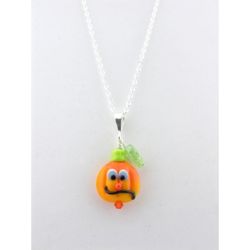 Pumpkin Face Necklace - orange green pumpkin lampwork sterling silver artisan srajd cserpentDesigns halloween