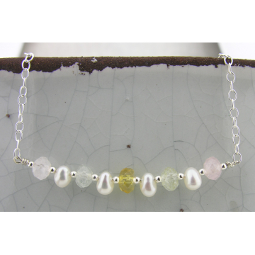 Pretty Pastels Necklace - citrine aquamarine morganite gemstones freshwater pearls bar necklace sterling silver srajd