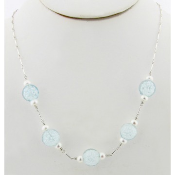 Aqua Whispers Necklace - aqua white venetian glass freshwater pearls necklace sterling silver srajd