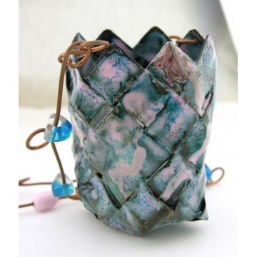 Pink and Blue with a little Raku Air Plant Hangar and Copper Chain - enamel on copper, handmade chain, srajd, artisan