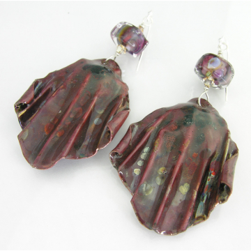 Raku Curtains Earrings - handmade artisan organic lampwork with fold formed copper srajd cserpentDesigns