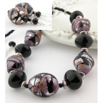 Purple Tiger Necklace & Earrings Set - mauve purple black Venetian glass onyx gemstone dangle artisan sterling silver srajd cserpentDesigns